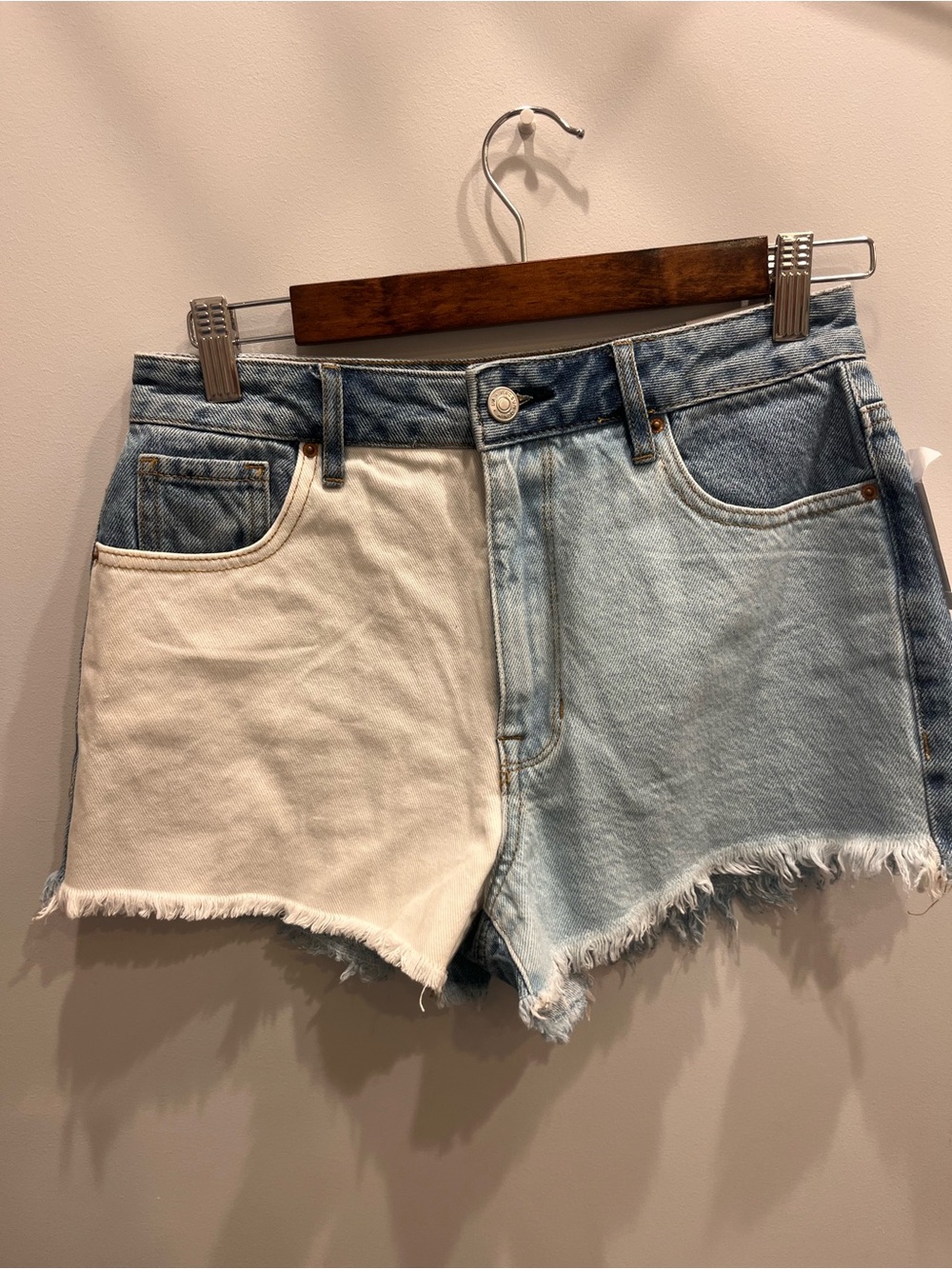 PacSun Two-Tone Light Blue Denim & Cream High-Rise Jean Shorts